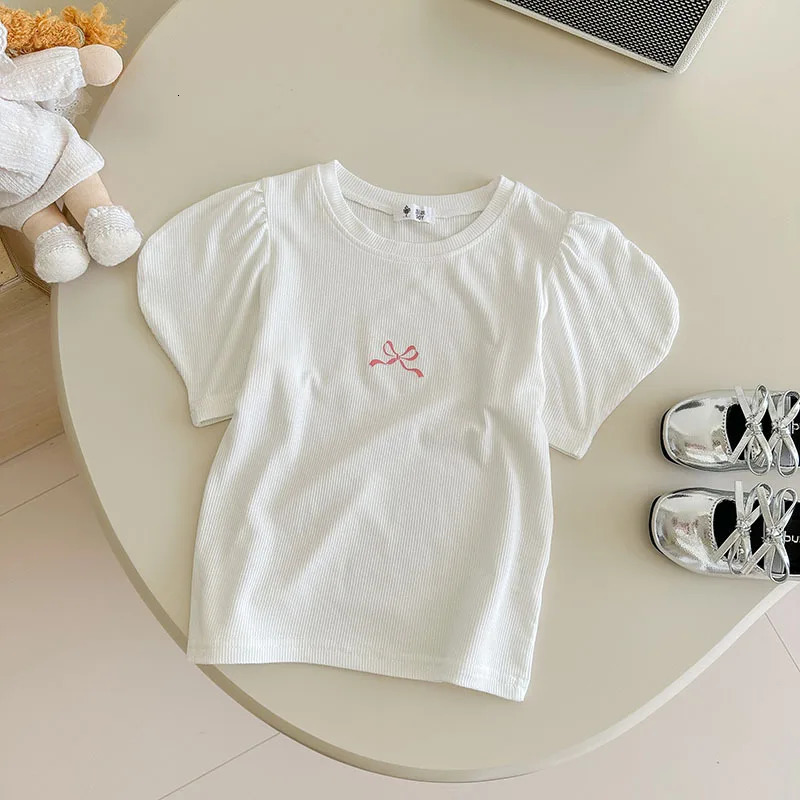 Korean Summer Bowknot Short Sleeve T-shirts For Girls 1-6 Years Cotton Toddler Girl Tops Baby Girl Tees Clothes 250515