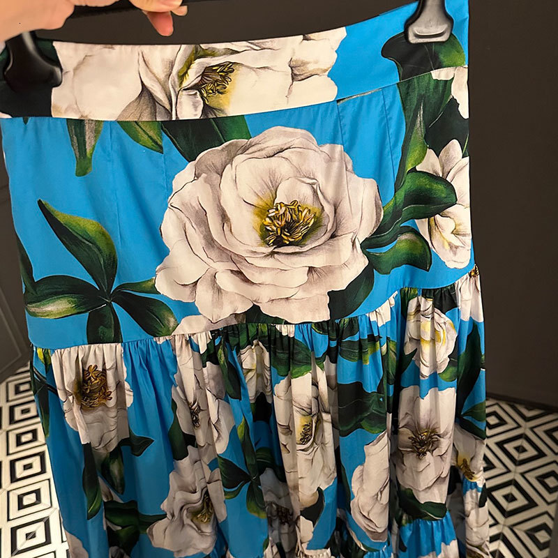 Women's Blue Floral Print Cotton Midi Skirt Summer New Arrival Designer Y2K High-Waist Calf-Length Pleated Skirt Fashion Classic Luxury Runway Cl
