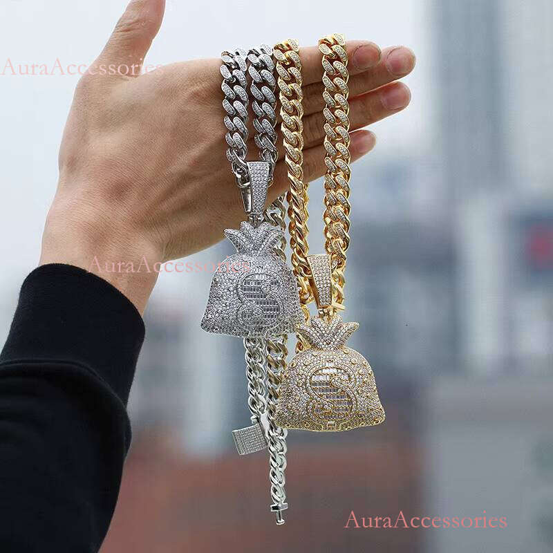 Golden Shining Currency Dollar Bag Necklace Men's Ice Pendant