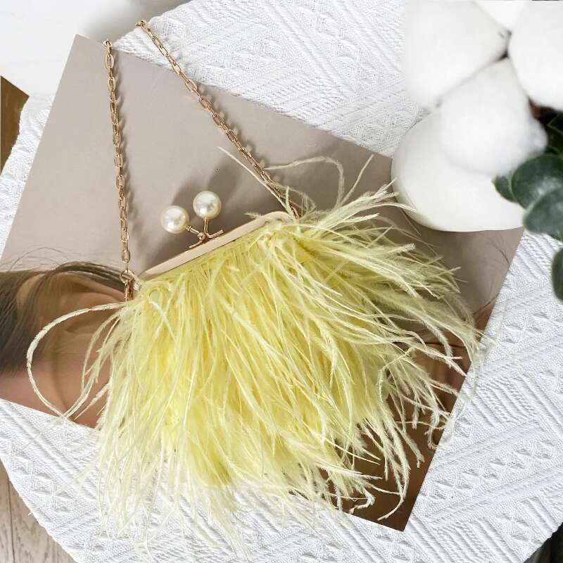 Women Mini Ostrich Feather Clutch Fur Evening Chain Purse Party Ladies Elegant Banquet Bag