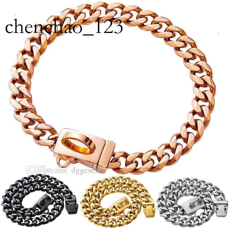 Rose Gold Chain Collars Dog Cuban Link Chains Collar 13MM Strong Stainless Steel Links Pet Necklace Metal Walking Necklet for Small Medium Large Dogs 