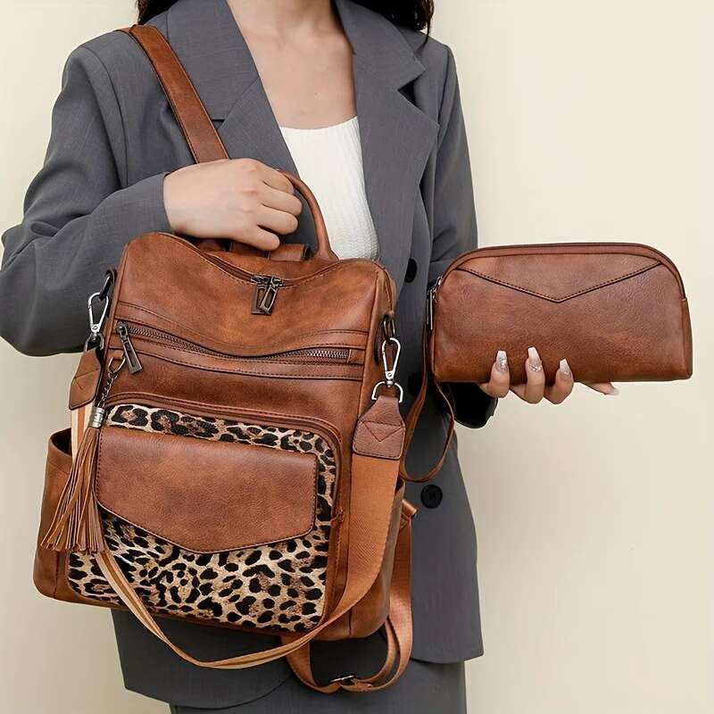 Vintage Women's Backpack Large Capacity Leopard Print Block Design With Tassel Stain-Resistant Leather