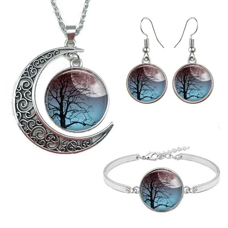 Celtic Tree Of Life Glass Cabochon Necklace Stud Earrings Bracelet Bangle Set Totally 4Pcs Women's Fashion Jewelry Creative Gift