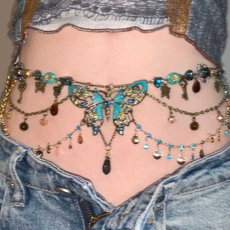 Butterfly Pendant Tassels Waist Jewelry Dainty Butterfly Pendant Multilayer Waist Chain Elegant Beaded Body Chain Y250515