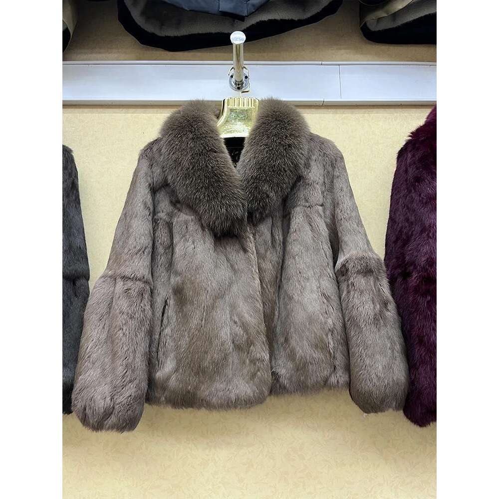 100% Genuine Whole Skin Real Coat With Natural Fox Collar Jacket Full Pelt Rabbit Fur Overcoat