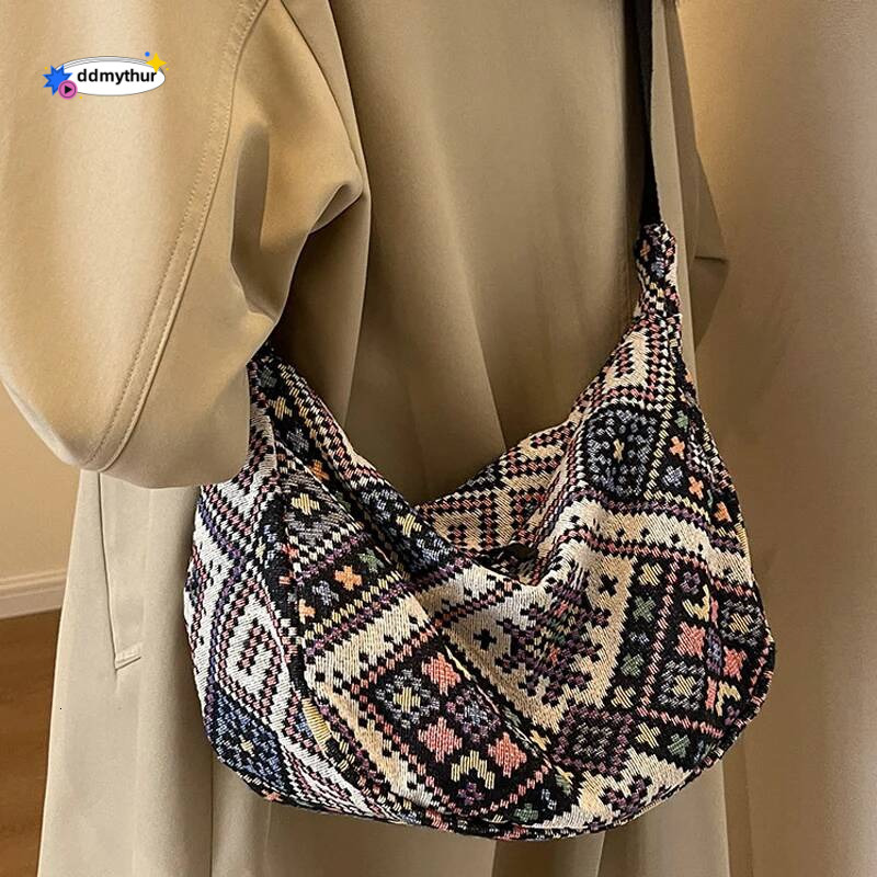 Ethnic Wind Canvas Shoulder Small Tote Female Messenger Simple Zipper Handbags 2024 New Trend Casual Beach Bag ddmythur