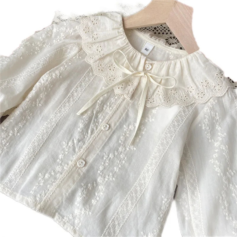 Spring Children Girls Blouses Cotton Floral Embroidery Infant Babys Girls Peter Pan Shirts Loose Round Collar Kids Girls Tops 250515