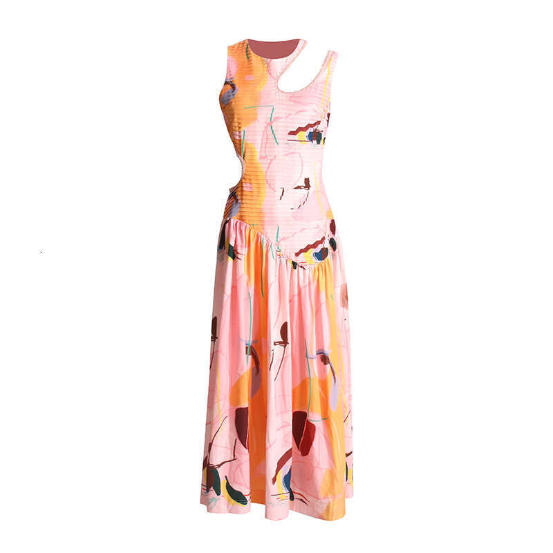 Elegant temperament, waist cinching and slimming long dress, 2025 summer new sleeveless design, hollowed out printed dress for women