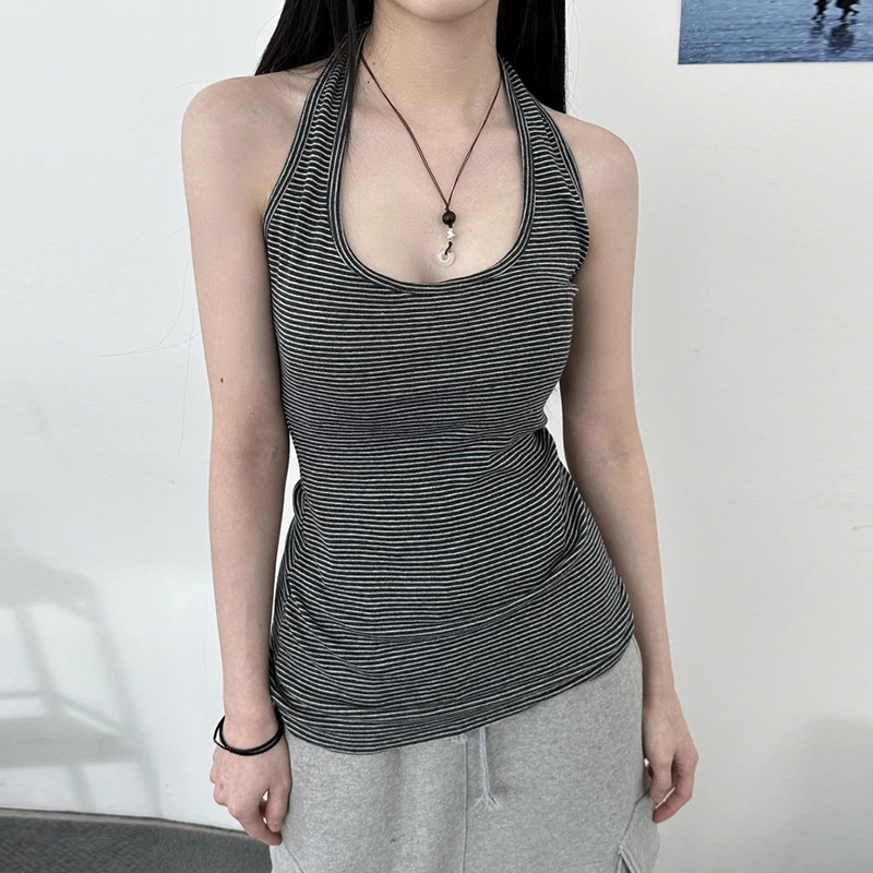 HEYounGIRL Korean Fashion Striped Halter Vest Basic Streetwear Backless Casual Sleeveless Tank Top Y2K Summer Fitted Camis Tops 250515