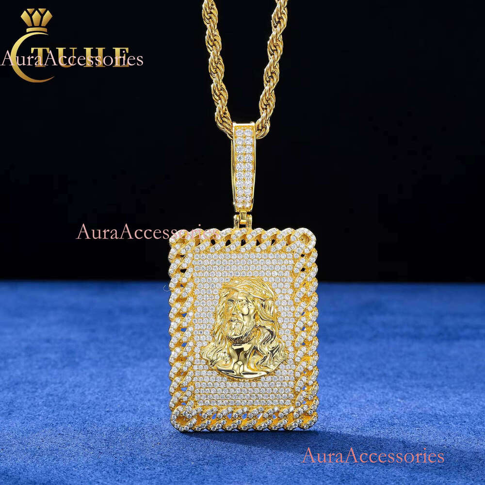 Men Jewelry Real Gold Plated Sterling Sier Moissanite Dia Iced Out Jesus Sign Dog Tag Pendant With Cuban