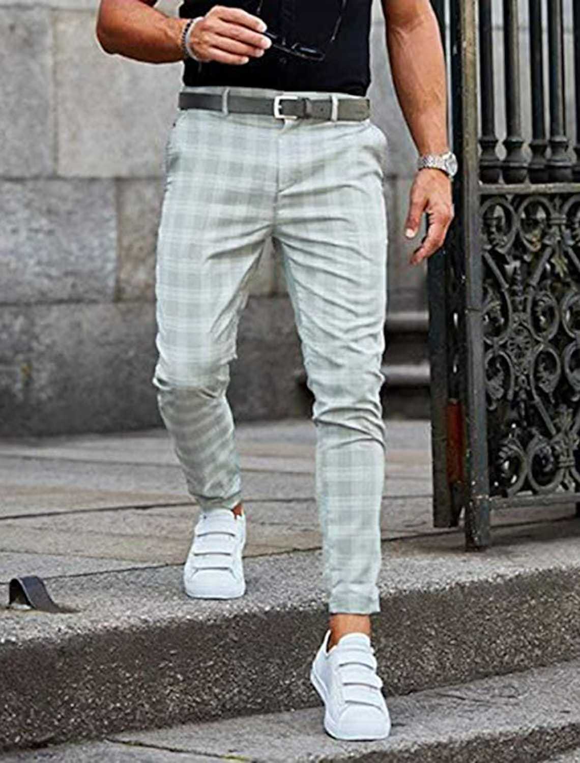 Men's casual checkered print mid rise tailored trousers with slight elasticity