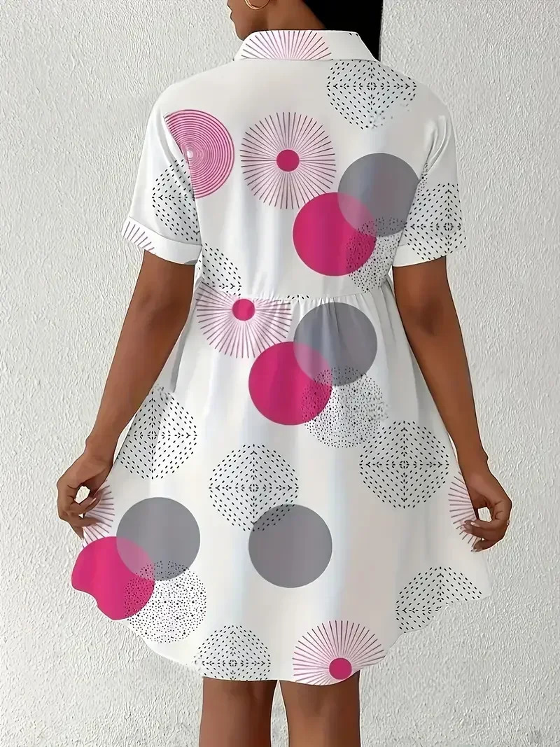 Plus Size 1XL-5XL Womens Summer Cute Fashion Elegant Geometric Print Dress Button-Up with Lapel Collar Short Sleeves Dresses 250509