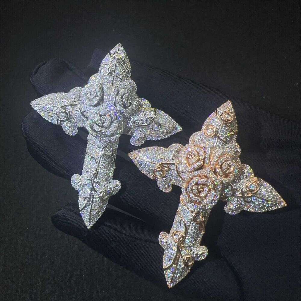 In Stock Fashion Man Jewelry Gold Color Hip Hop S VVS1 Moissanite Dia Rose Flower Cross Pendant Necklace Set