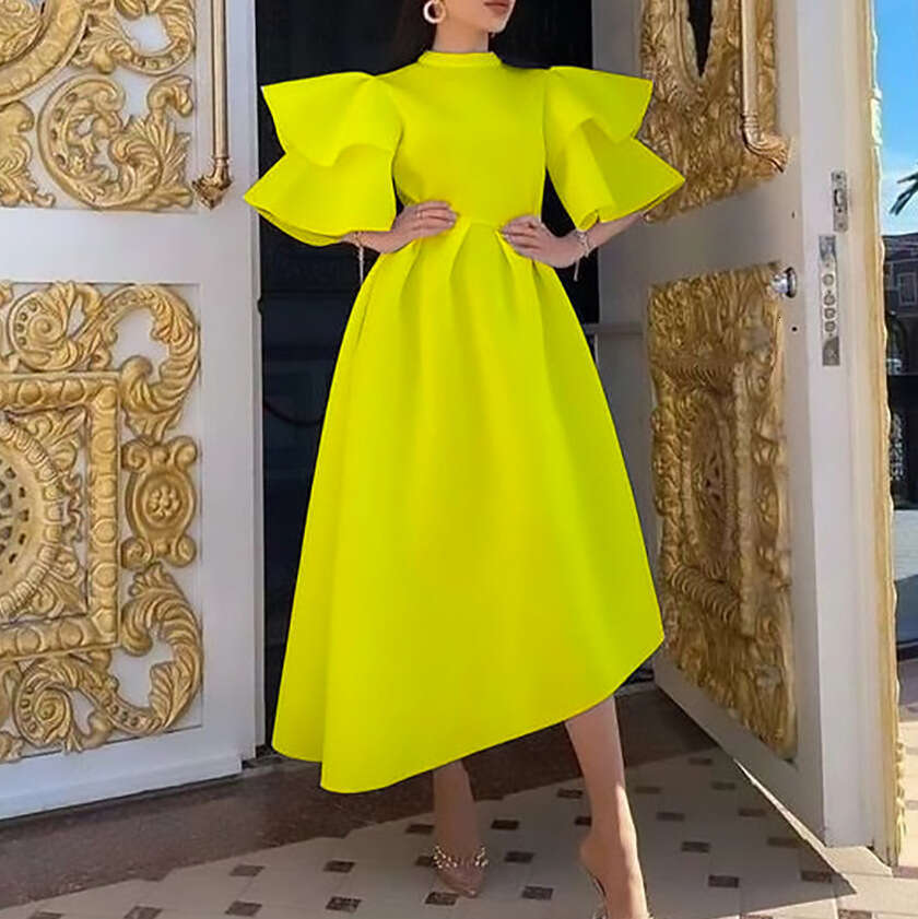 Women's 2024 Summer New Double layered Lotus Leaf Sleeve Solid Color Banquet Dress