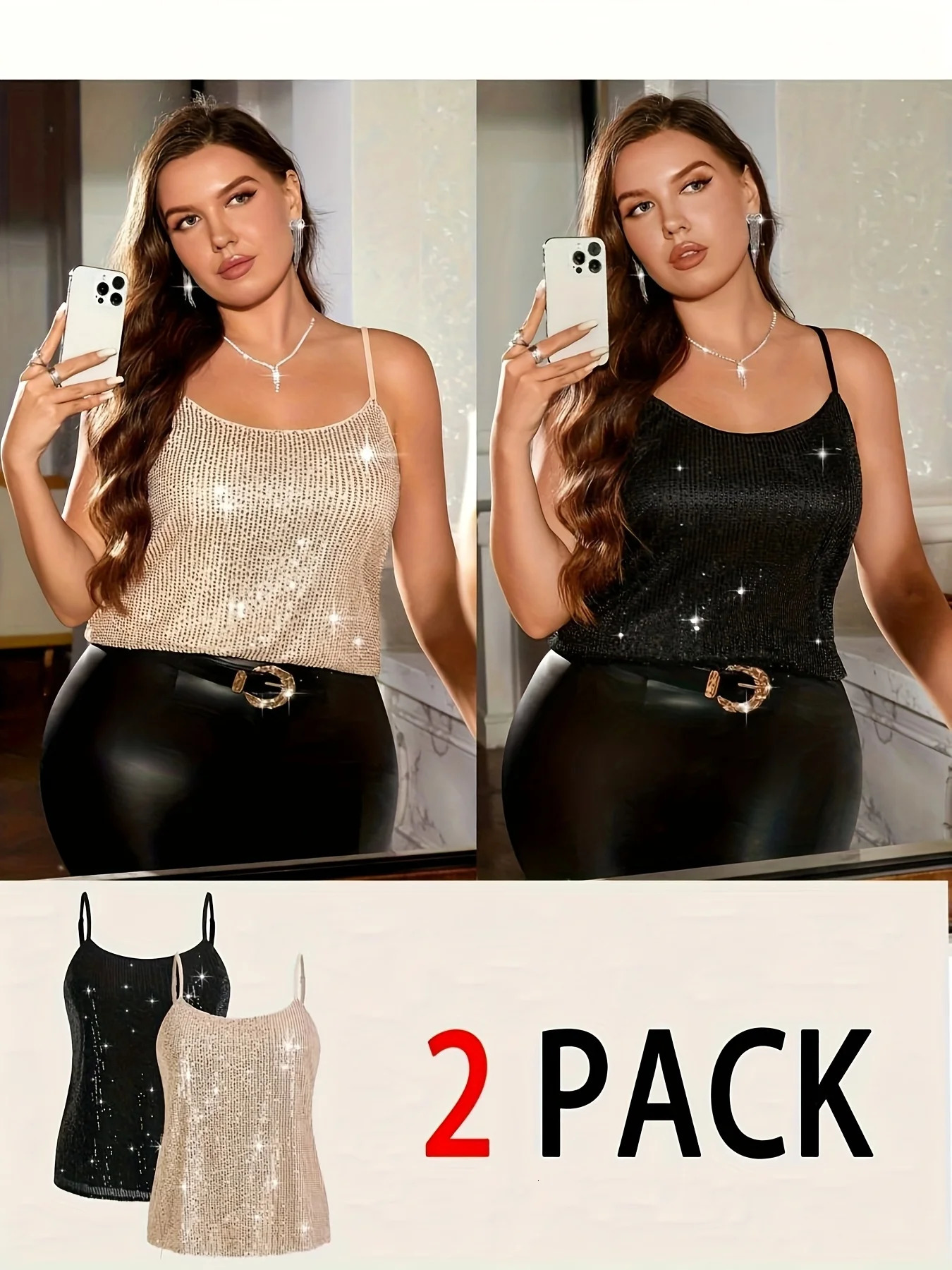 Plus size womens suit elegant sequin vest party camisole top holiday date twopiece set can be worn in all seasons 250515