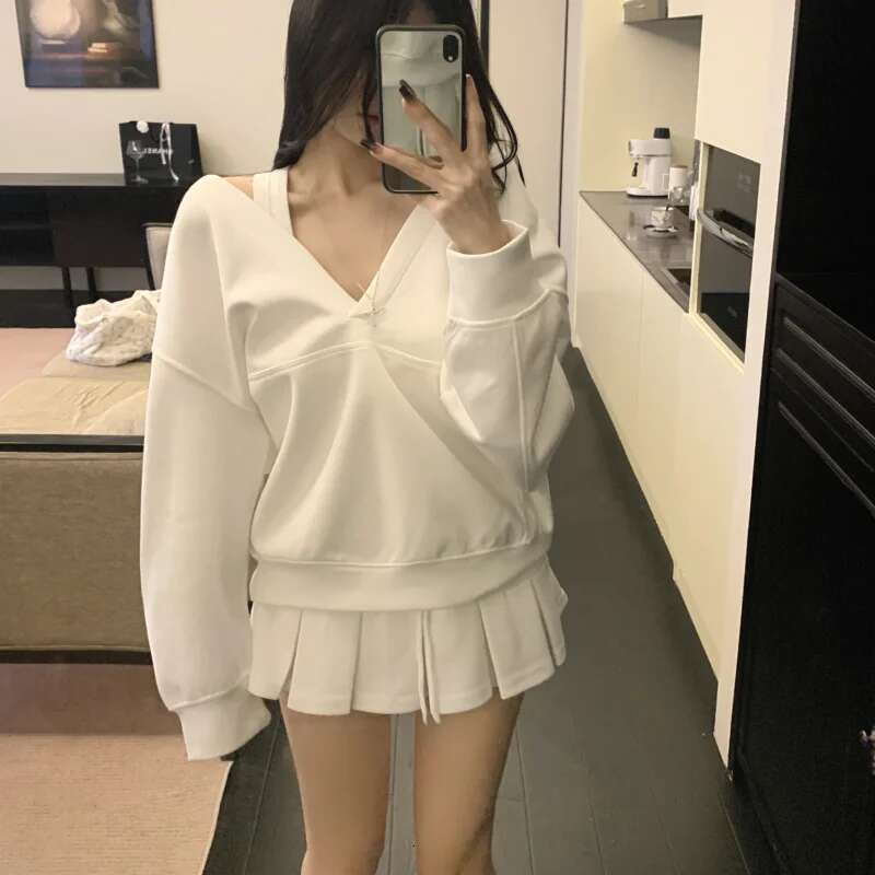 Casual Hooded Pullover Top Women Y2k V-Neck Hoodies Solid Haruku Long Sleeve Hoodie Oversized Tops Female Loose Clothing Designer