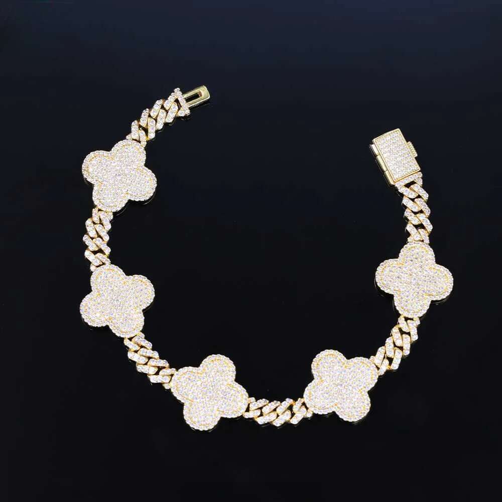 Yu Ying Clover Gold Sterling Sier VVS Moissanite Cuban Link Chain Bracelet for Hip Hop Jewelry