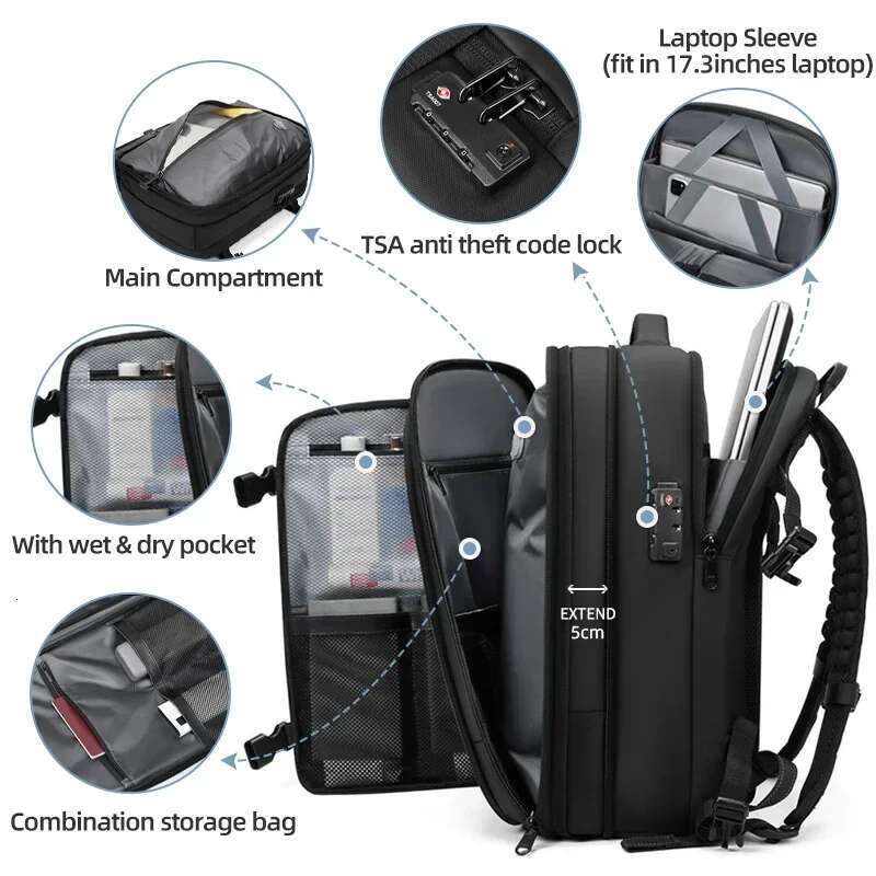 Men Travel Vacuum Compression Laptop 17 Inch Extended Large Capacity School Backpack Hiking Business Backpack
