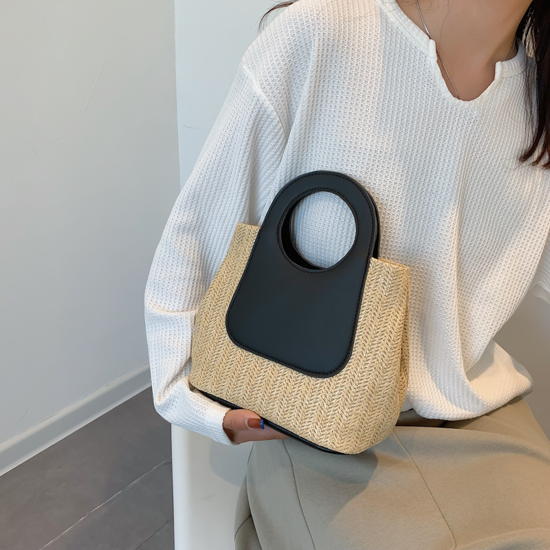 2025 Summer Contrast Spliced Grass Large Capacity Handmade Woven Bag Simple And Fashionable One Shoulder Handbag
