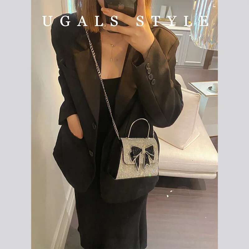 Glitter Bow Knot Square Crystal Shiny Rhinestone Dia Evening Wedding Party Clutch Purse Women's Handbag Shoulder Bag