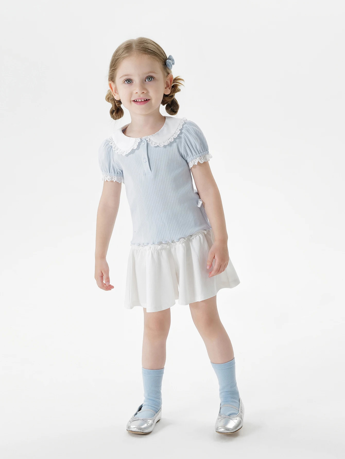 MARC JANIE Girls Sweet Lace Peter Pan Collar Puff Sleeve Ribbed T-Shirt Childrens Tops For Summer 550757 250515