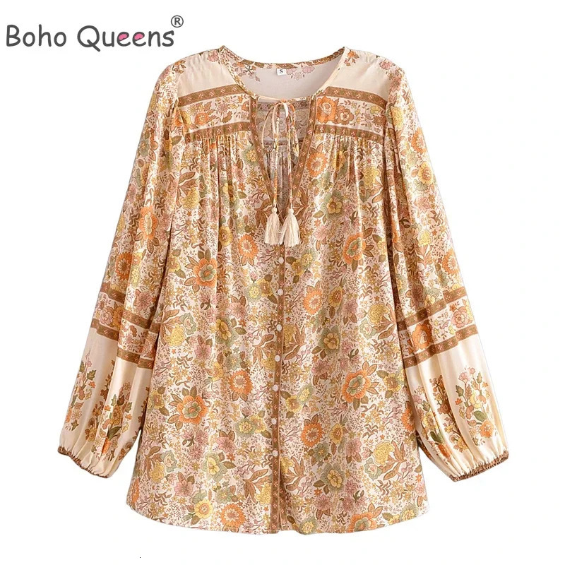 Boho Queens Women Floral Printed Vneck Long Sleeve Tassel Blouse Shirts Ladies Button Rayon Shirt Bohemian 250515