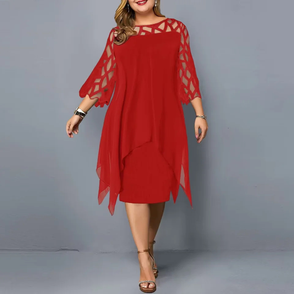 Purple Plus Size Dress for Women Fashion Lace Sleeve Midi Dress Autumn Winter Elegant Round Neck Christmas Party Dress 250509