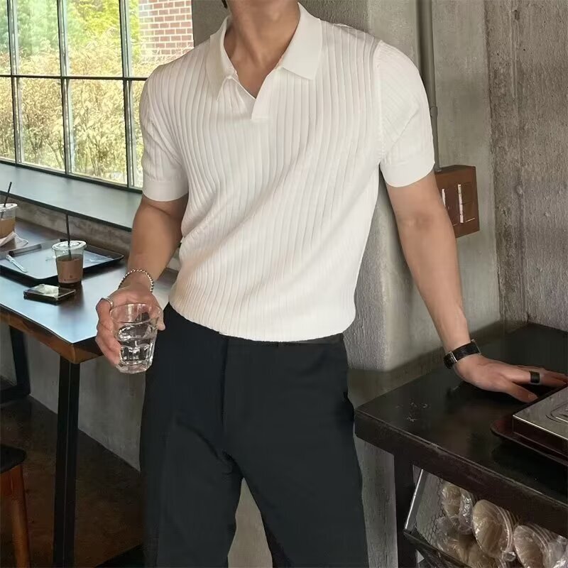 Lightweight Mature Polo Shirt Men's Korean Version Slim Fit Lapel Solid Color Casual Fashion Knitted T-shirt Designer Clothing