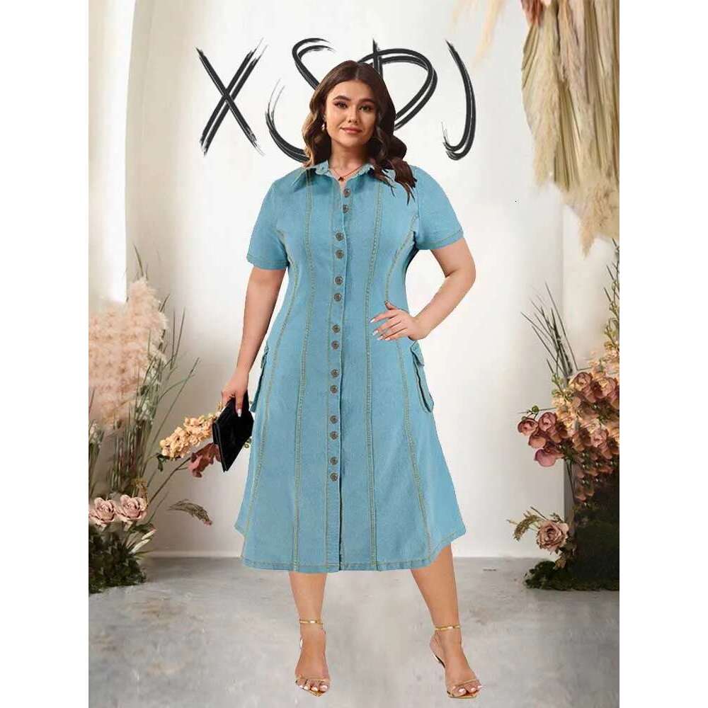 5xl Womens Plus Size Clothes Button Front Sky Blue Loose Summer Curvy Denim Long Dress with Sleeves