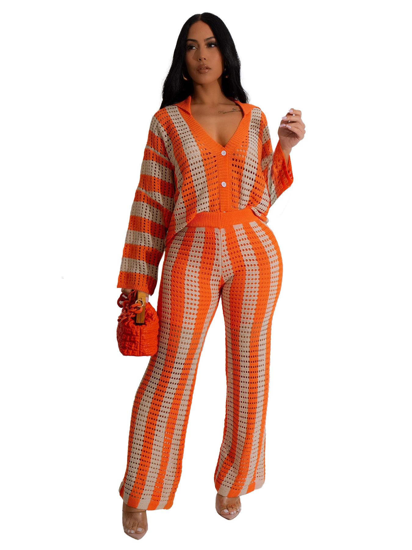 HR24040 womens autumn and winter new sexy hollow sweater knitted two-piece set