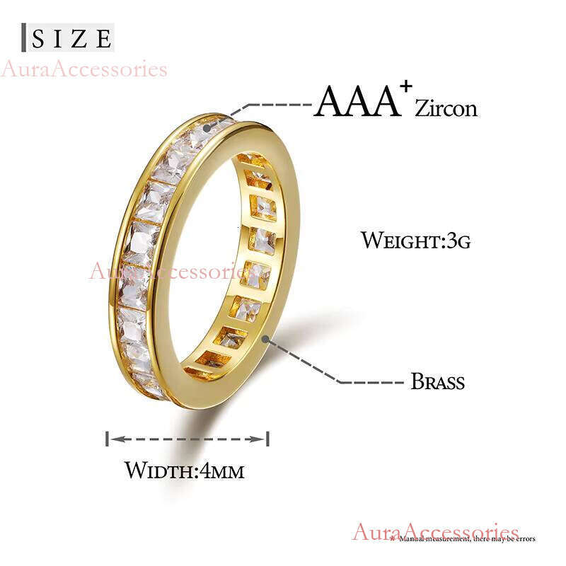 Hiphop Dainty Jewelry White Gold Plated Brass Iced Out Baguette 1 Rows Cz Tennis Chain Bling Cubic Zircon Sliver Rings