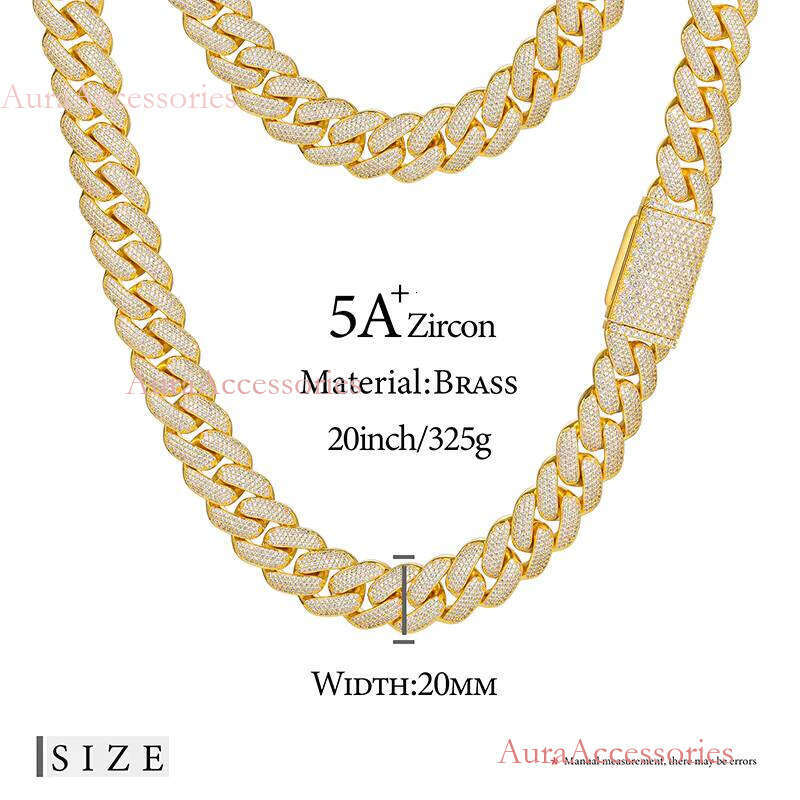 New Arrival Hip Hop Jewelry 20mm Gold Plated Brass Baguette AAAAA CZ Dia Iced Out Cuban Link Chain Necklace