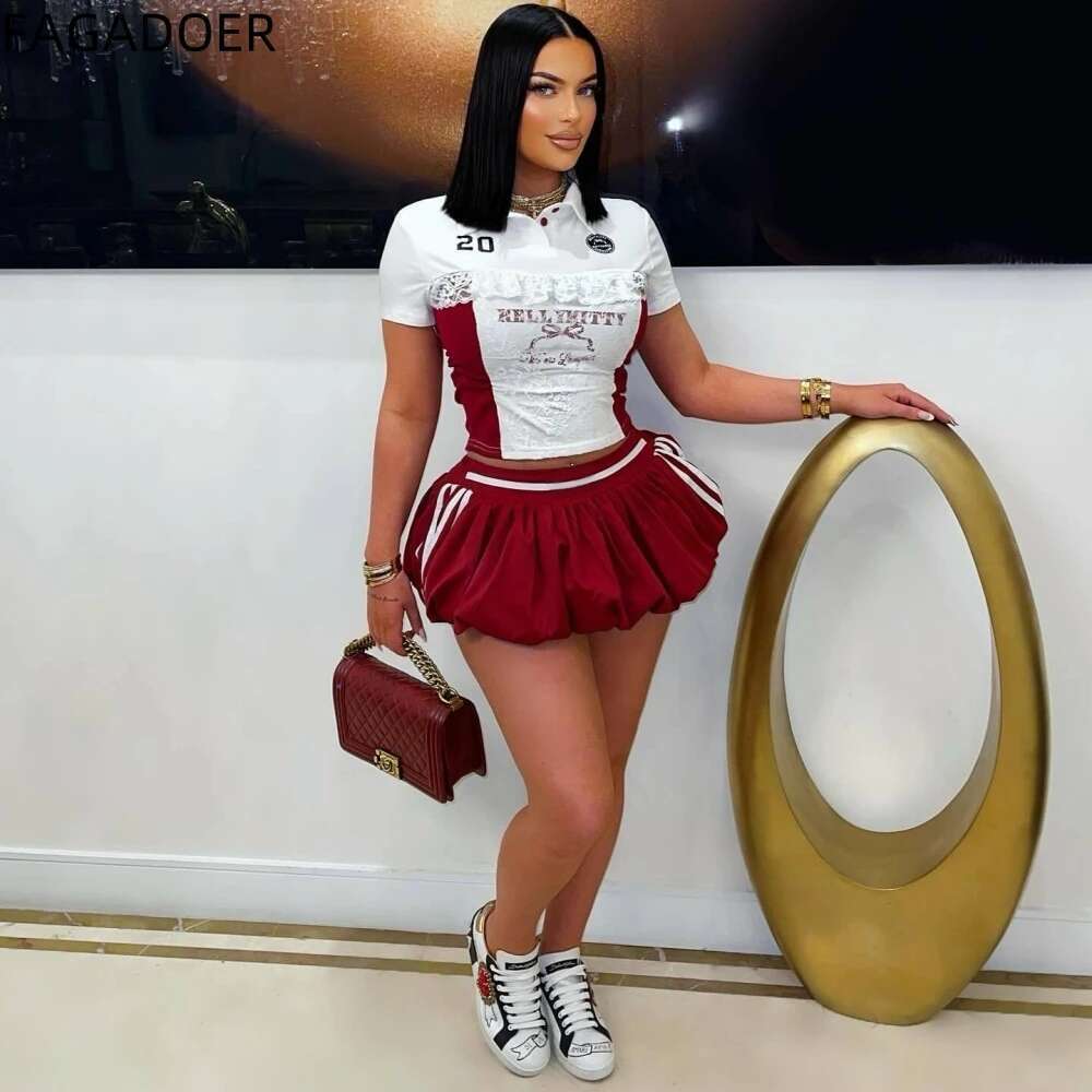 Sexy Lace Patchwork 2 Piece Sets Woman Outfit America Spicy Girl Letter Printing Crop Top And Skirt Female Streetwear