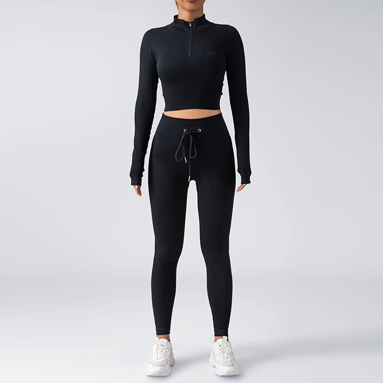 Solid color fashion hot style zipper fitness long sleeve drawstring sports slim high elastic trousers two-piece yoga suit for women