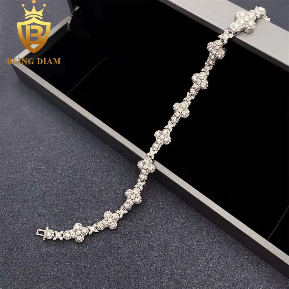 10MM 13MM Hip Hop 925 Sterling Silver Jewelry Moissanite Cuban Chain Flower Cross Iced Out Bracelet