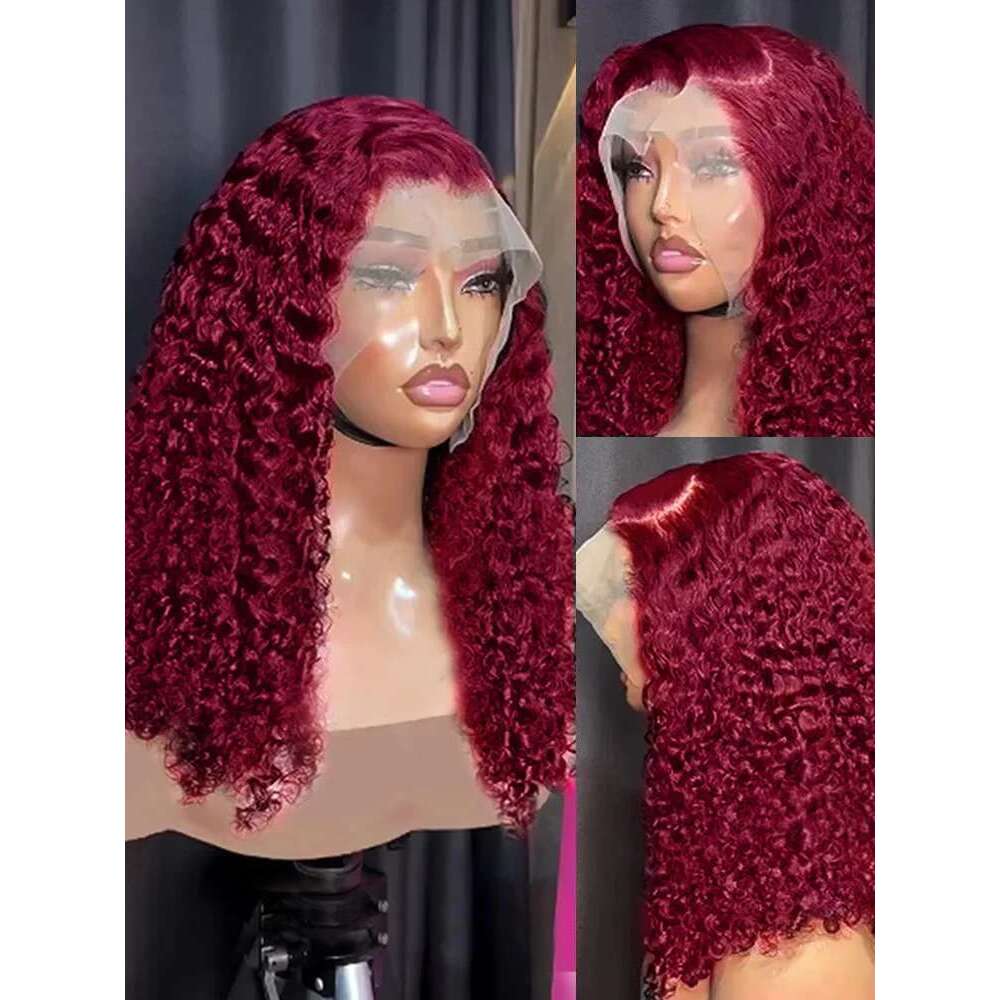 250 Density 99J Bury Lace Front Short Bob Human Hair 13X4 Deep Wave Frontal Wig 13X6 Red Colored Curly Wigs