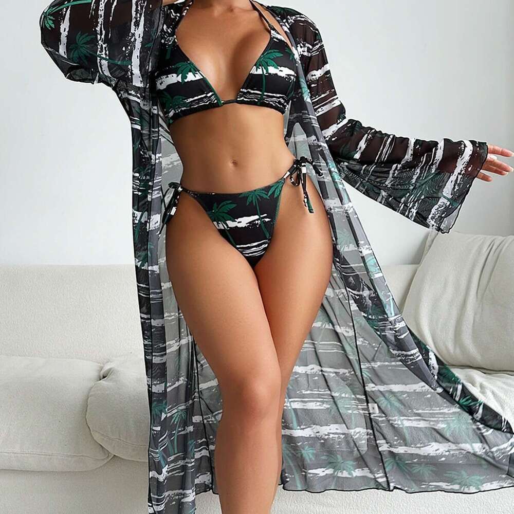New European and American special fabric printed bikini BIKINI cover up three piece set women's swimsuit 2025 new casual versatile fashion clothi