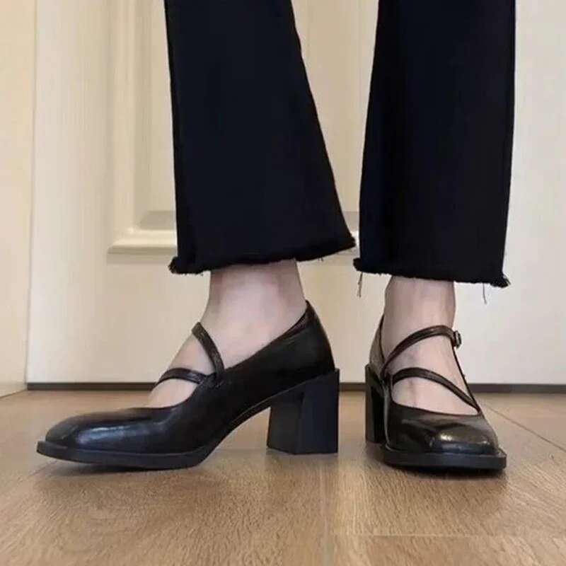 Women High Heels Marie Janes Square Toe Designer Shoes 2025 New Fashion Winter Chunky Buckle Boots Zapatos Mujer