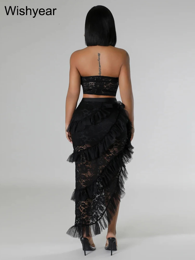 Sexy Two 2 Piece Sets Night Club Outfits for Women White Lace See Through Sleeveless Strapless Top and Ruffles Long Skirts Suit 250515