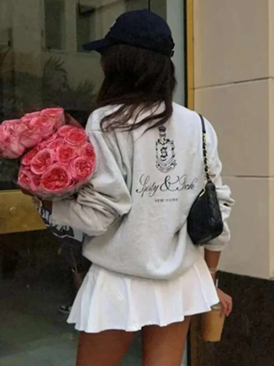 York Letter Graphic Print Sweatshirt Women O-Neck Long Sleeve Sporty Pullover Top Autumn New Vintage Casual Sweatshirts 2024