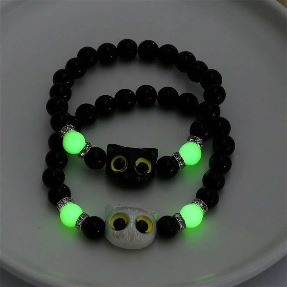 Matching Bracelets Couples Women Men Luminous Cute Friendship Bracelete Black White Cat Head Bangles Glow In The Dark Gift
