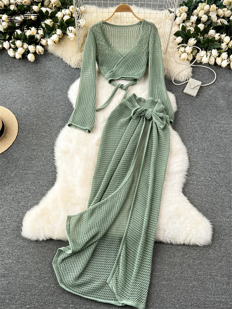 SINGREINY Vacation Two Piece Set Women Long Sleeve V Neck Short Top Adjustable Waist Split Skirt Knit Summer Beach Suit 250515