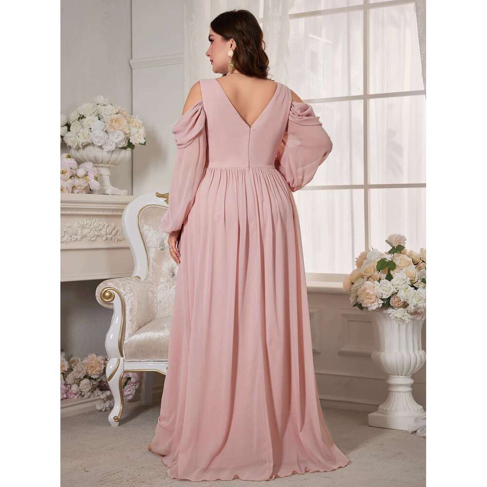 Unithorse Plus Size Women's Bust Ruched Long Sleeve Floor-Length Pink Chiffon Dress