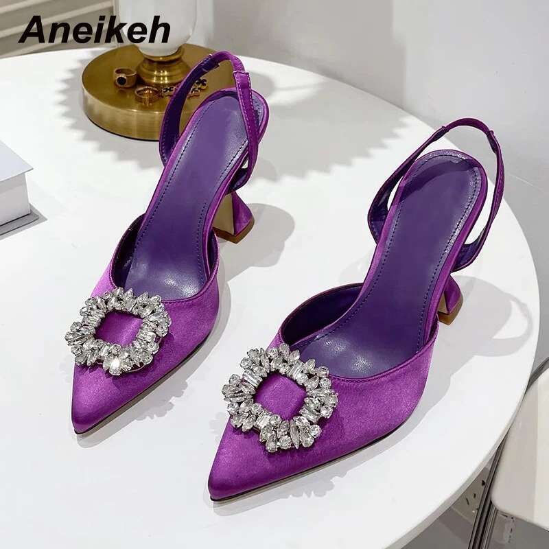 Aneikeh Brand Women Pumps Crystal Slingback High Heels Summer Bride Comfortable triangle Heeled Party Wedding Shoes