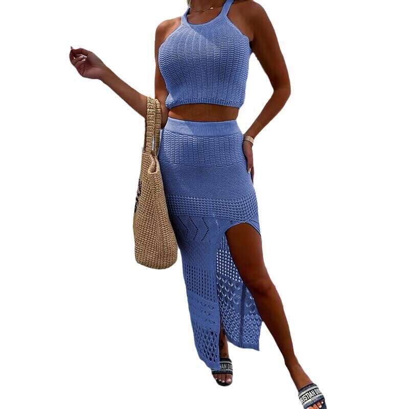 White Dress Maxi Dress 2023 New Women's Summer Short Top Split Wrap Hip Half Two Piece Set Dress KQ