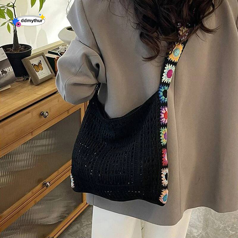 Large Capacity Boho Tote Bag Trendy Floral Crochet Vintage Multicolor Cut-out Knitted Handbag Fashionable Hollow out ddmythur
