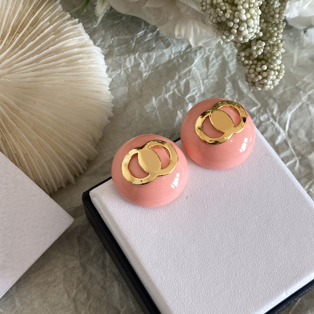 Pink Round Designer Stud Earrings Crystal Rhinestone Pearl Real Gold Brass Copper Stamp Letter Earring Fashion Womens Elegance Wedding Party Jewelry Accessories