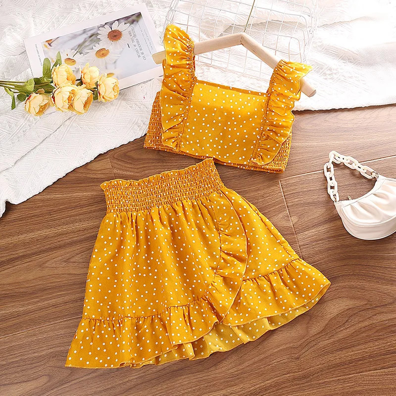 Girls Clothing Set 5-12T Tri-Color Optional Flying Sleeve Square Collar Vest Top Lace Skirts Children Girls Baby Clothes Set 250515