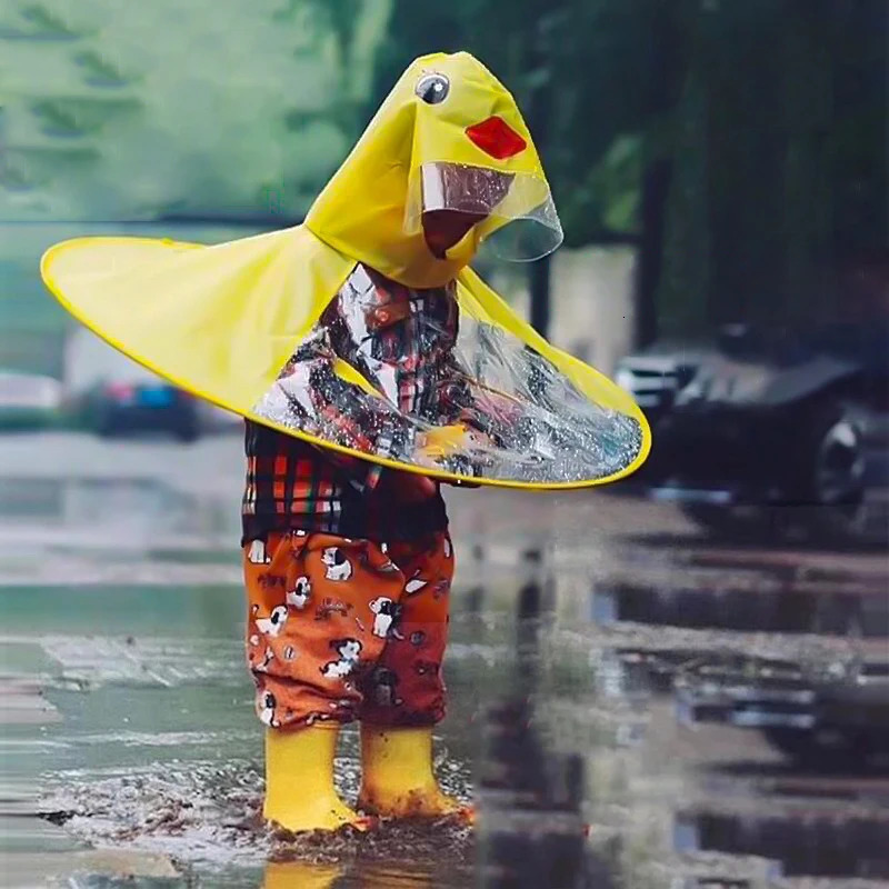 Foldable Childrens Raincoat Cartoon Duck UFO Kids Rain Cover Boys And Girls Umbrella Hat Windproof Poncho Rain For Camp 250515