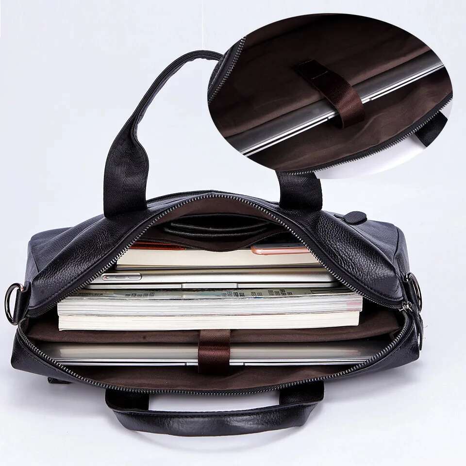 Black Men Genuine Handbags Large Leather 14" Laptop Messenger Business Men's Travel Shoulder Bags Briefcase